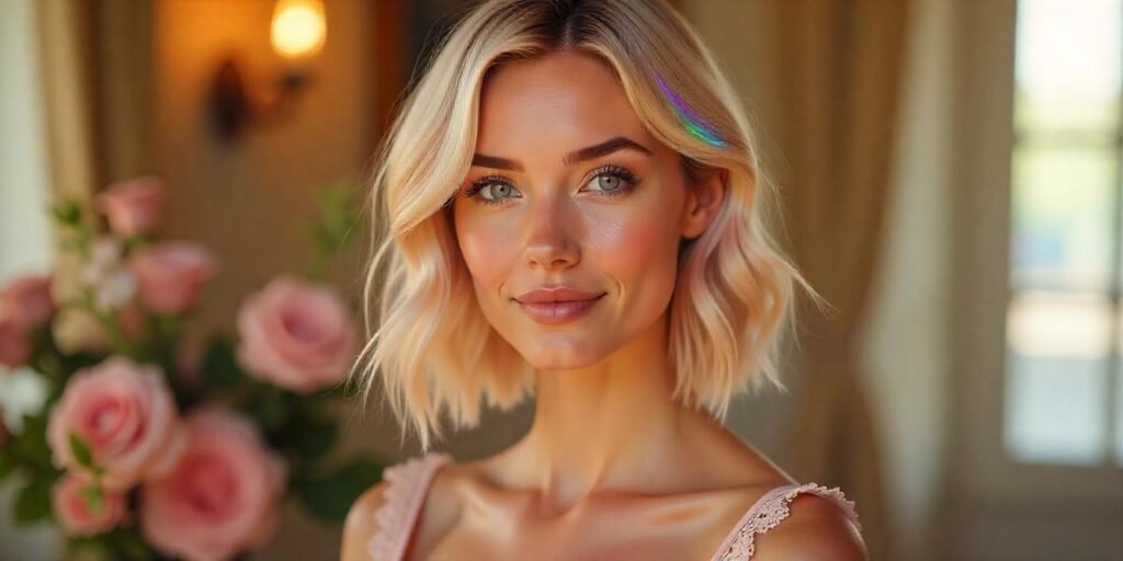 Woman with holographic icy pink and pearl highlights on lob hair, wearing a blush pink dress in a romantic setting.