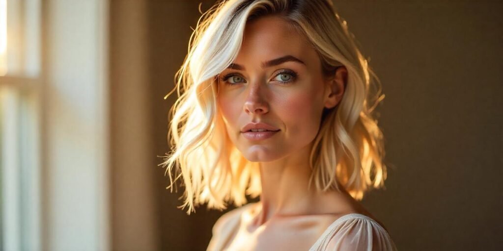 Real photo of medium hair with money piece highlights in platinum and caramel, flipped ends, soft dress, romantic background.