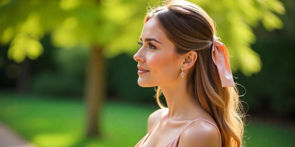 Ribbon-accented half-up lob with soft waves, blush pink dress, romantic garden backdrop, and serene expression.