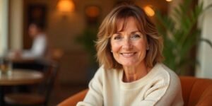 Chic neck-length bob haircut with choppy layers and curtain bangs for women over 50. Featuring soft, textured brown hair and a casual outfit in light pastel shades. Romantic and cozy background creating an elegant and relaxed look