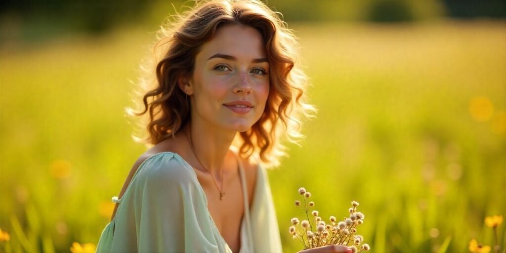 Loose, curly layers in a romantic cottagecore setting with soft waves, floral dress, and natural ringlets.