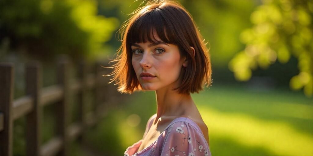 Realistic image of a woman with short edgy A-line bob and long side bangs in a romantic cottagecore setting.