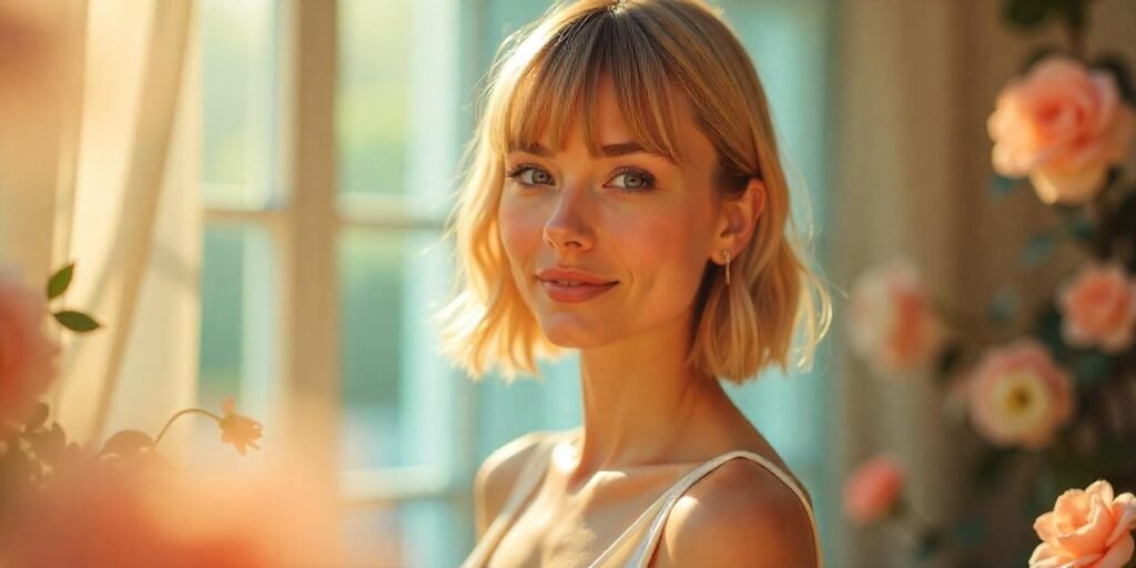 Elegant woman with an A-Line Bob haircut with bangs in soft pastel dress, standing in a romantic setting.