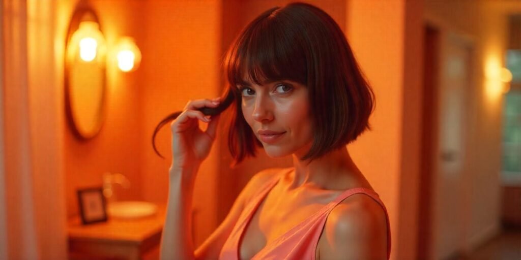 Sleek A-line bob hairstyle with smooth, shiny finish and romantic background in pastel pink dress