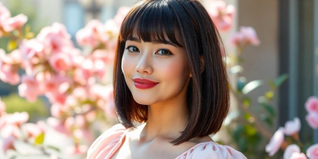"Woman with sleek frame haircut, angled ends, rounded bangs, glossy finish, in a pastel pink dress, romantic outdoor setting."

