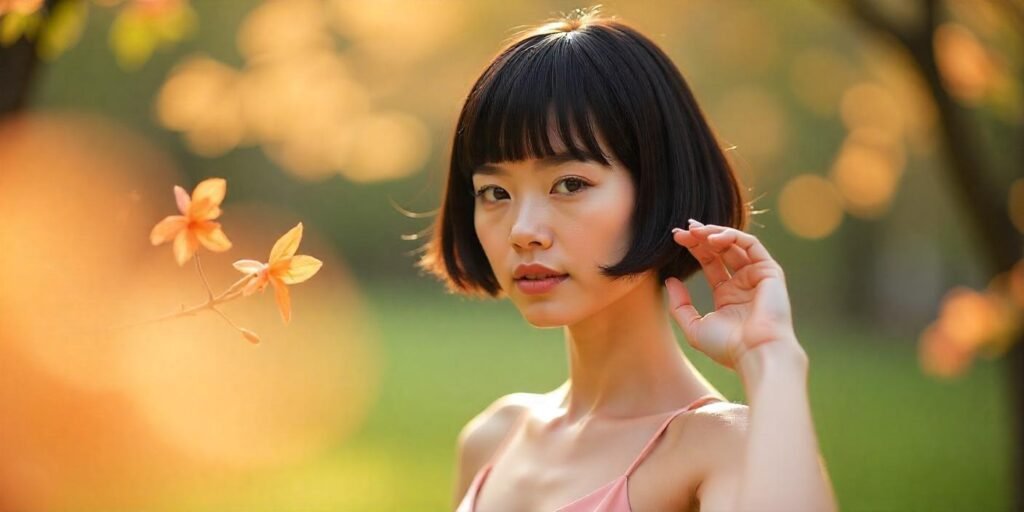 "Woman with elevated bowl haircut, sleek modern style, full fringe, in pastel pink dress, romantic garden background"

