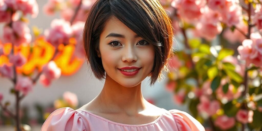"Woman with Triangle Bob hairstyle in pastel pink dress, standing in a romantic garden with soft sunlight."


