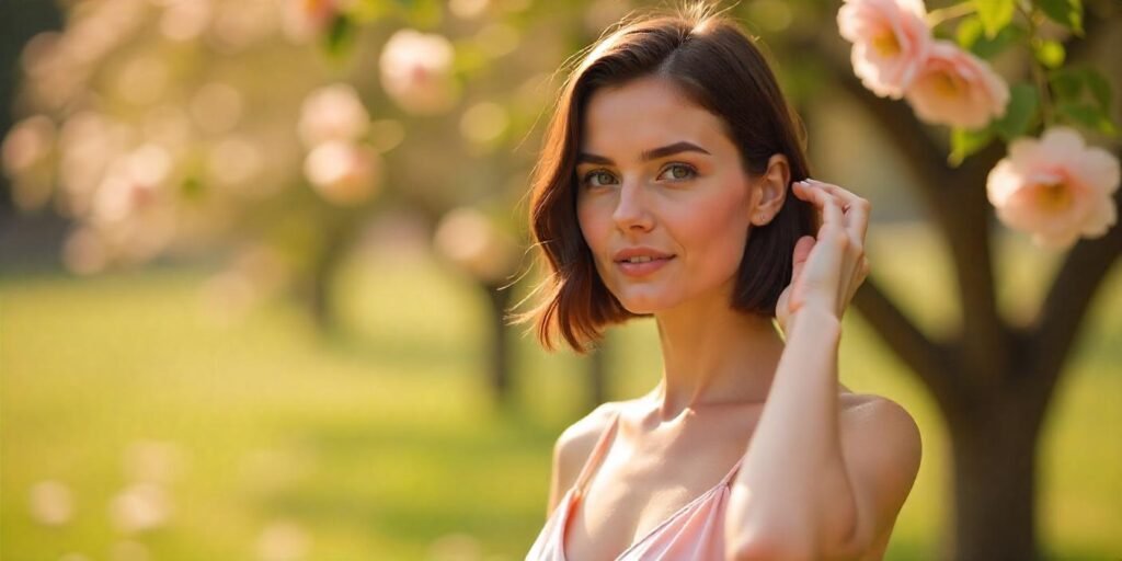 "Woman with sleek angular bob haircut in pastel pink dress standing in a romantic garden with blooming flowers"

