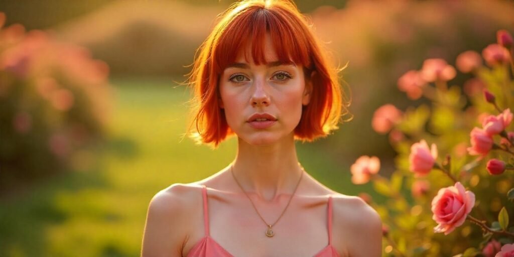 "Realistic image of a woman with a ginger broken bob punk chop hairstyle in a pastel pink dress, standing in a romantic garden."

