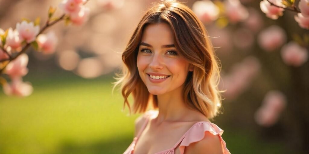 "A realistic photo of a woman with stunning chestnut brown hair and a blonde block highlight on one side, showcasing a fashionable and personalized hairstyle. The chestnut base is rich and warm, while the blonde block adds a bold, creative contrast. She is smiling confidently, standing in a romantic outdoor setting with soft sunlight and blooming flowers in the background. She is wearing a pastel pink dress that complements her hair colors. The image is highly detailed, with natural skin tones, realistic hair texture, and a perfectly natural-looking neck. The overall vibe is elegant, modern, and romantic."