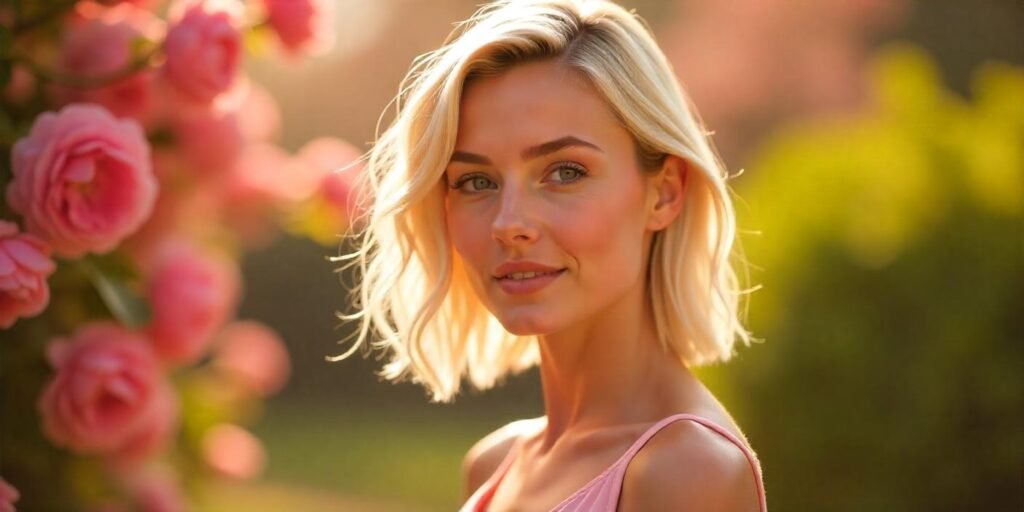oman with choppy layers and blonde highlights in a pastel pink dress, showcasing a trendy textured hairstyle in a romantic outdoor setting.