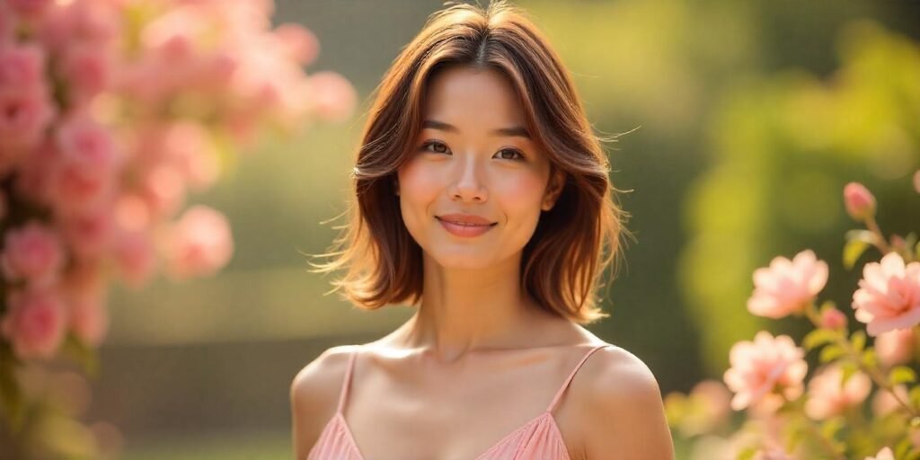 Woman with shoulder-length classy medium haircut and flipped ends wearing a pastel pink dress in a romantic garden setting.