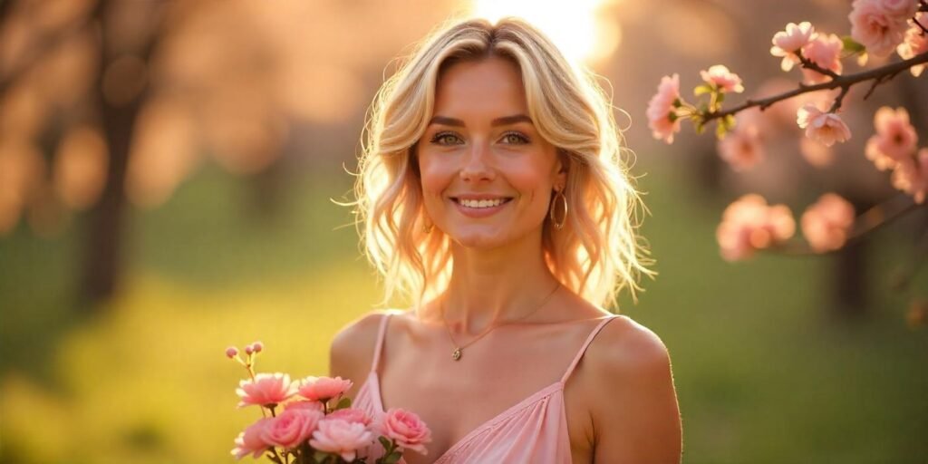 Woman with mid-length shaggy layered haircut in a pastel pink dress, standing in a romantic outdoor setting with flowers