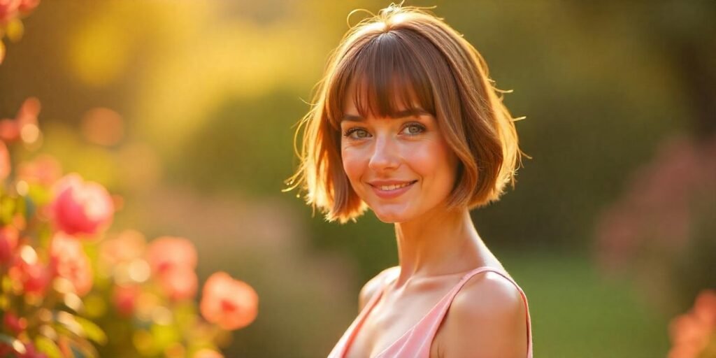 Woman with collarbone bob and blunt ends wearing a pastel pink dress in a romantic garden