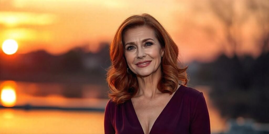 "Elegant woman over 50 with chocolate red hair in soft waves, wearing a burgundy dress in a romantic, sunset-lit background."
