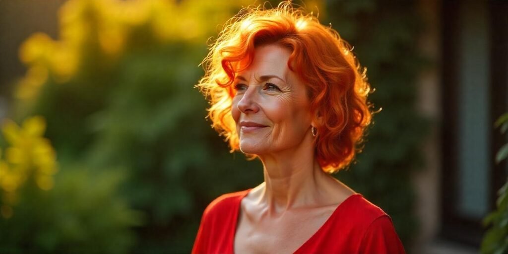 "Realistic photo of a woman aged 50+ with vibrant tangerine orange curly hair, wearing a red dress, standing in a romantic setting with natural lighting and a soft, serene atmospher.