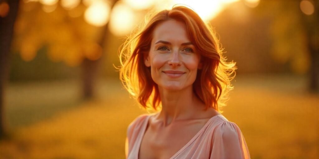 “Reddish-brown tawny tones with choppy, layered cut on a woman over 50, wearing a pastel dress in a romantic autumn setting.”
