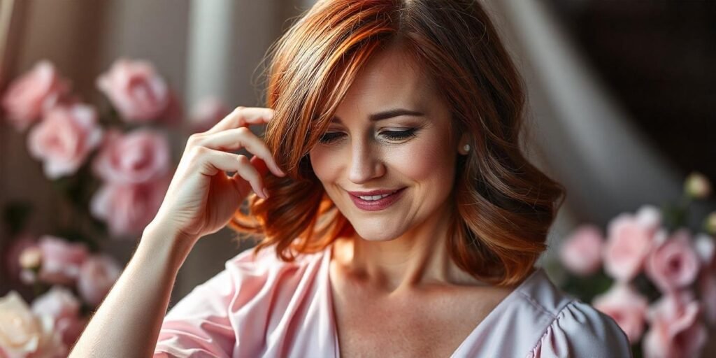Woman aged 50+ with strawberry brunette hair color, showcasing a blend of red and brown tones in a layered style, wearing a pastel dress, with a romantic background.