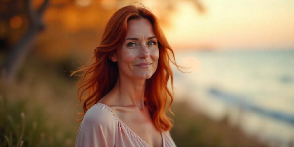 Realistic image of a 50+ woman with chestnut hair, warm browns and subtle reds, wearing a soft pastel dress in a romantic setting. The hair has grown-out roots for a natural touch, adding warmth and elegance to the refined look.