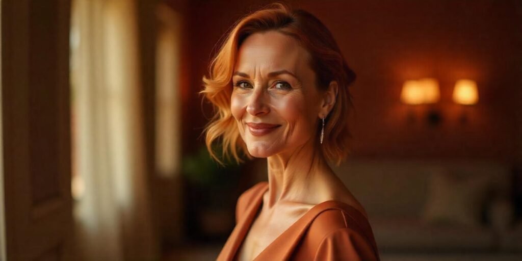 Sophisticated woman with metallic rust hair, burnished red hue, wearing a chic dress in copper and over-lined lips in matching tone, set against a romantic, soft-lit background, perfect for women 50+.