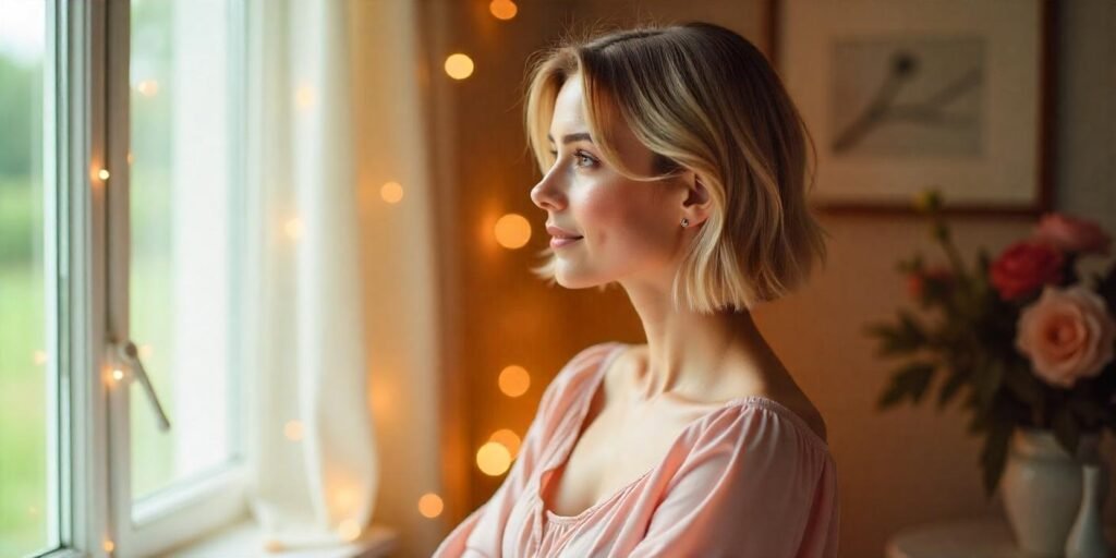Pixie with long layers, flowing movement, subtle color accents, soft pastel pink dress, romantic background with glowing lights.