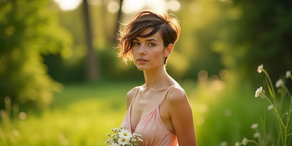 "Messy feather cut hairstyle with a trendy, bold vibe in a romantic outdoor setting"