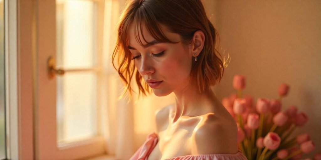 Thick feathered lob with bangs on shoulder-length hair, styled for a light, airy, romantic look with a soft pink dress