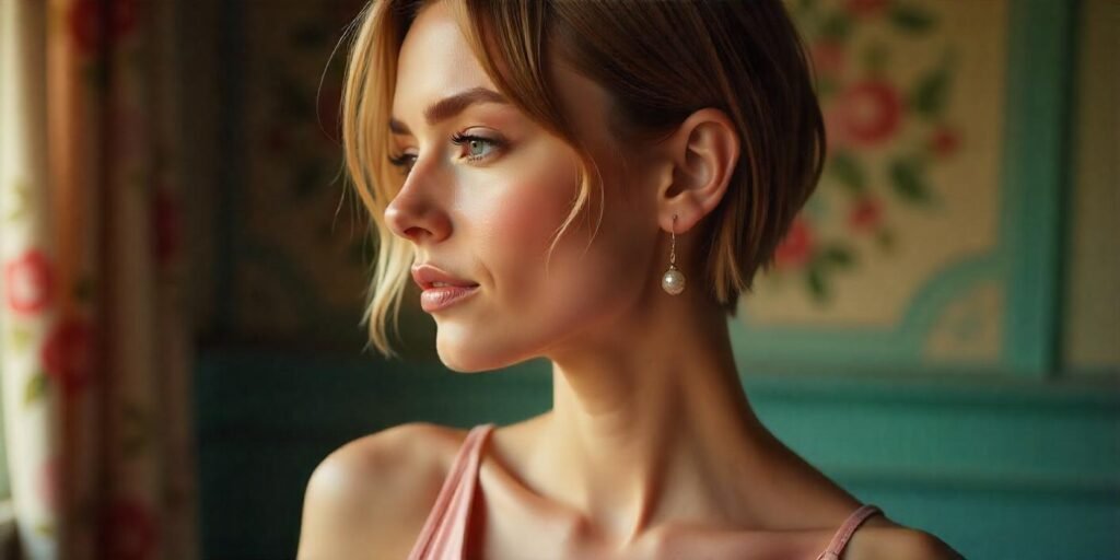 Long feathered pixie cut with side bangs styled in a soft blush dress, romantic vibe with real neck details.