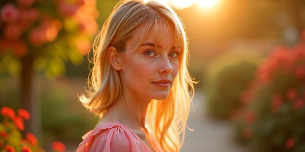Side swept feather bangs with a soft pastel dress in a romantic, dreamy garden setting