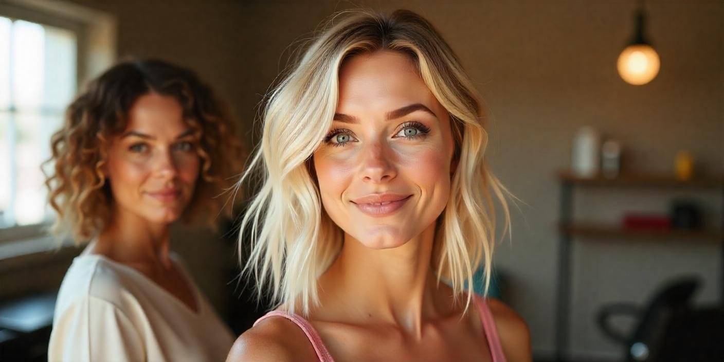 Women with feather haircuts showcasing textured layers face-framing bangs and balayage highlights for voluminous hairstyles.