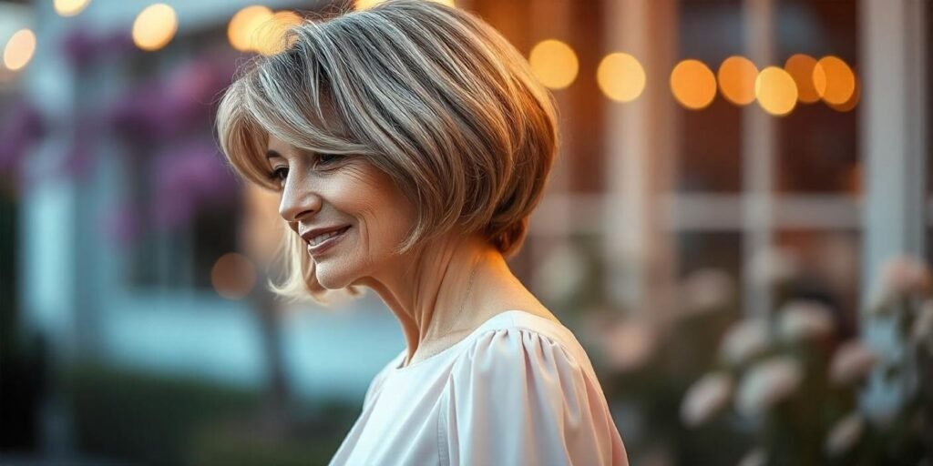 "Short stacked bob haircut for women aged 50+, featuring volume and a polished shape, with natural layers creating a smooth flow in the back, against a romantic backdrop."
