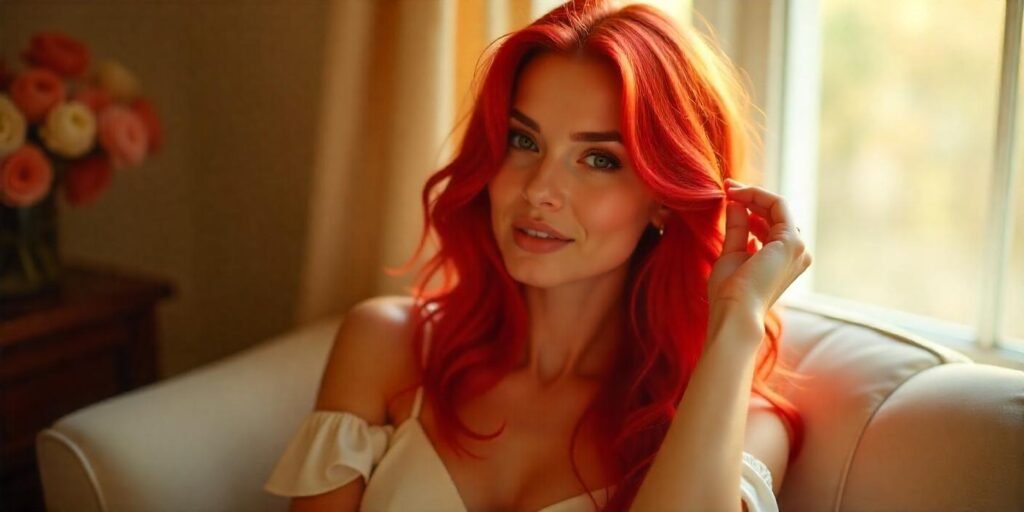 Woman with ruby red highlights styled in soft waves, wearing a white dress in a romantic setting with realistic neck details.