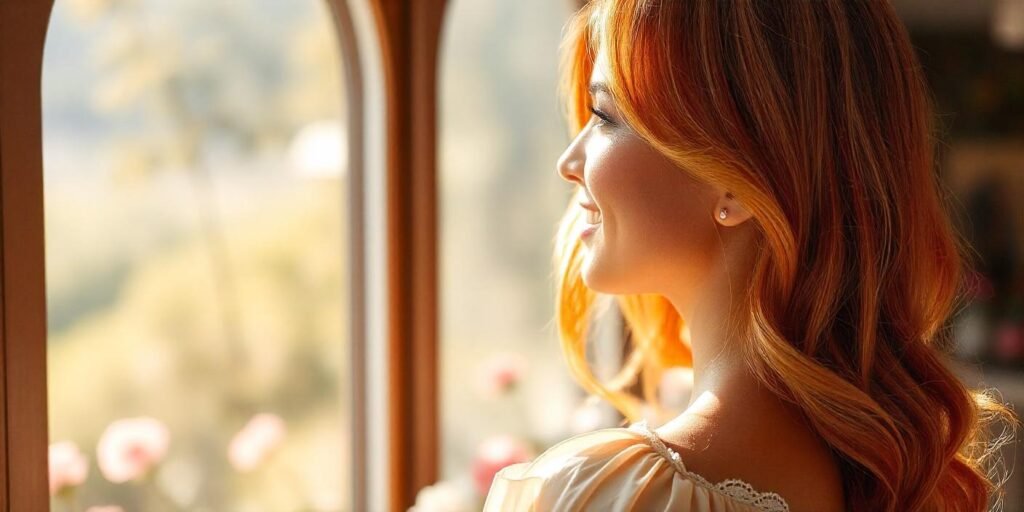 Extra brightness hairstyle with brighter shades and dark base, creating a radiant, lively, and vibrant look for women, captured in a romantic outdoor setting.