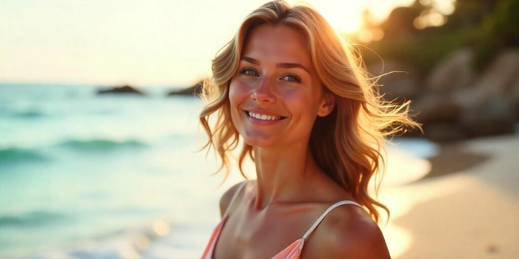 "Beach waves hairstyle with soft texture, volume, and natural curls styled with mousse and sea salt spray, creating a romantic and natural look."