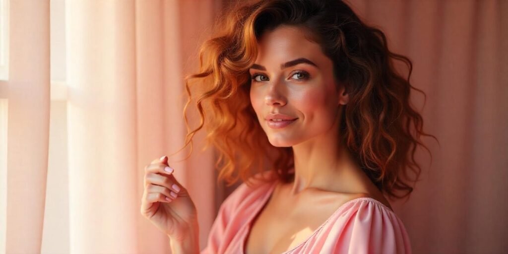 Woman with bouncy curls, wearing a soft pastel dress, capturing a vibrant, full of life look in a romantic, dreamy background