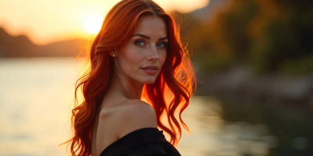 Realistic photo of a woman with deep auburn hair and mahogany highlights, wearing a dark-colored dress and standing in a romantic, sunset setting.