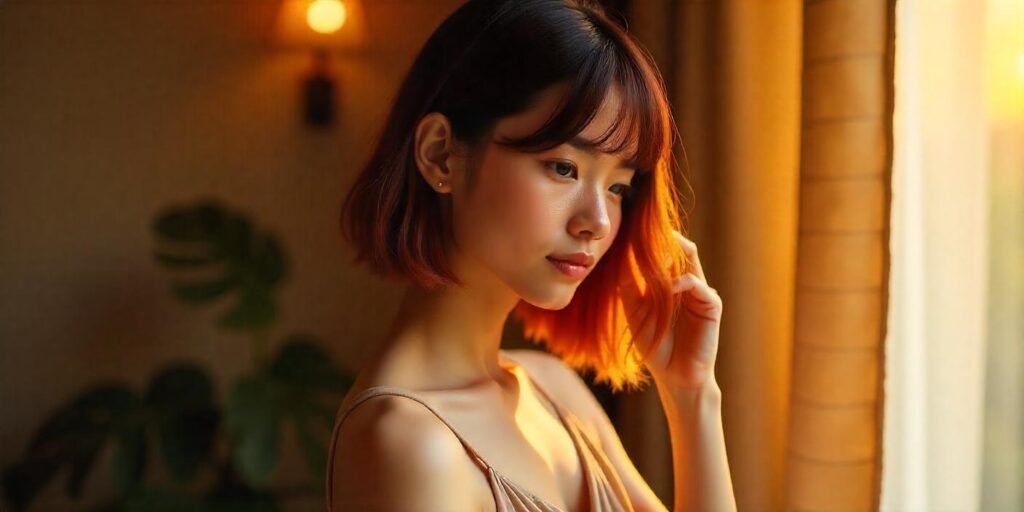 "Ombré bob hairstyle with dark brunette roots transitioning to mahogany shades, creating a bold, modern look. Romantic background with soft lighting."