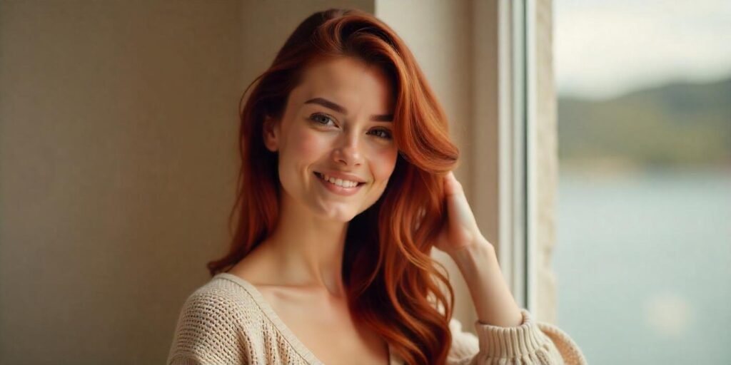Woman with rich red-brown balayage hair styled in soft waves, wearing a beige sweater, in a romantic setting.