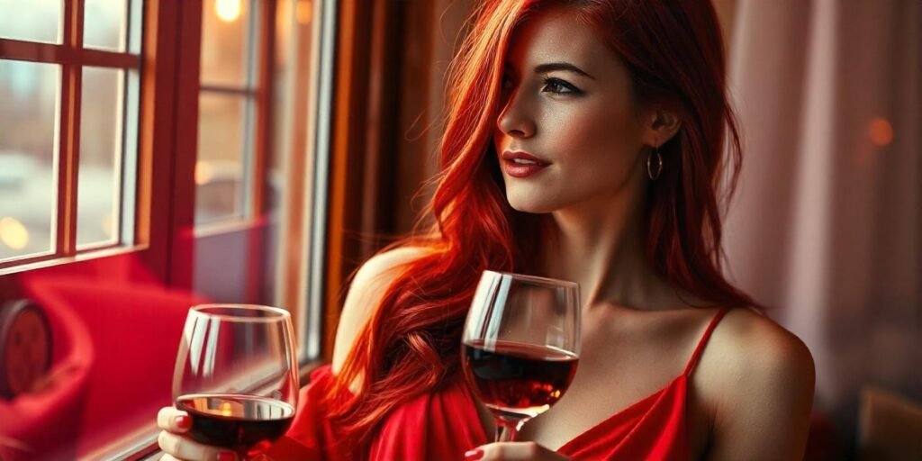 A woman with deep red all-over hair color, wearing a red dress, holding a glass of wine in a romantic, softly lit setting.