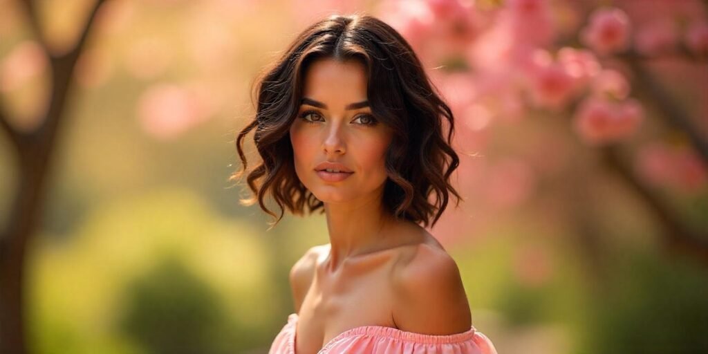 Woman with shoulder-length shag haircut for curly hair in deep chocolate tones, wearing a pastel pink dress in a romantic outdoor setting.