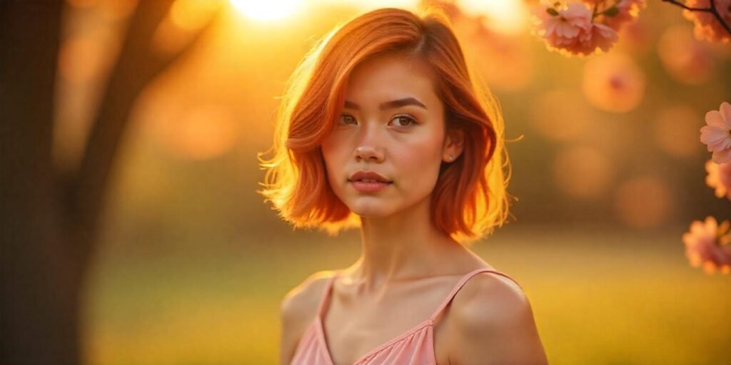 Woman with copper lob haircut and side-swept bangs in a romantic outdoor setting, wearing a pastel pink dress.