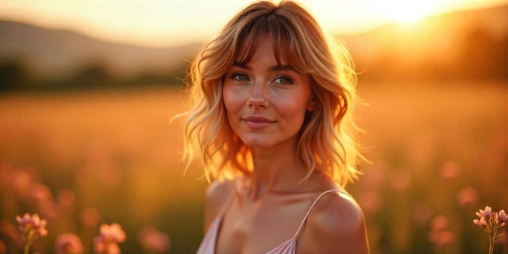 Woman with medium-length haircut and see-through bangs in a romantic outdoor setting wearing a pastel dress.