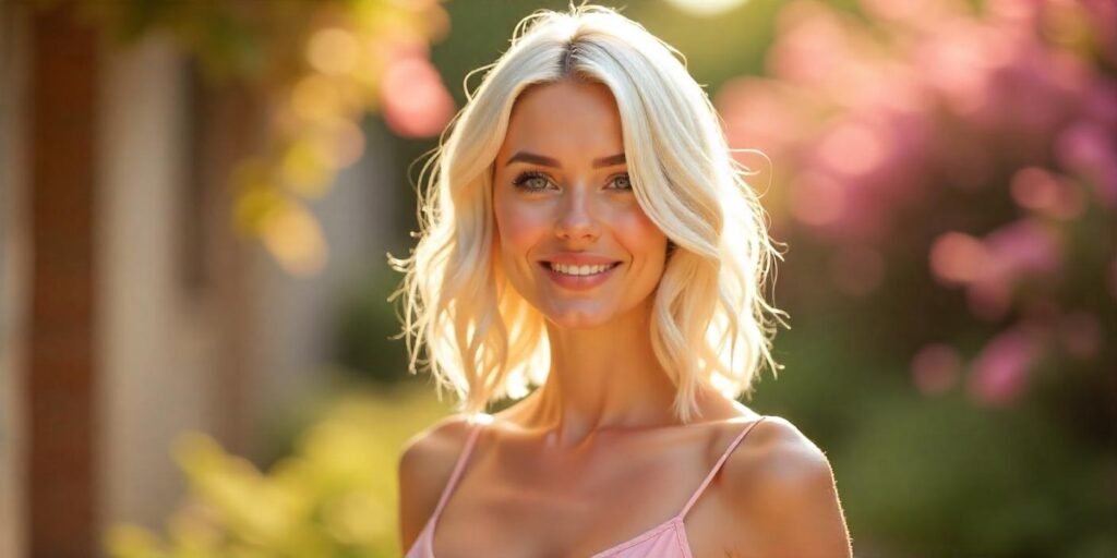 Platinum wavy lob hairstyle for thin hair with icy blonde highlights, styled with soft waves in a romantic outdoor setting.