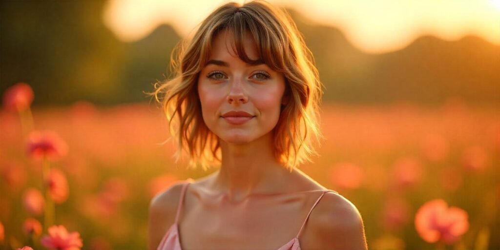 Woman with voluminous layered haircut and bangs in a romantic outdoor setting, wearing a pastel dress.
