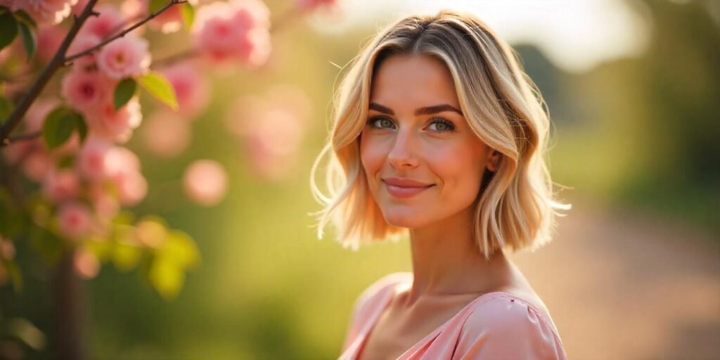 Realistic photo of a woman with a middle-parted lob and blonde balayage in a romantic outdoor setting.