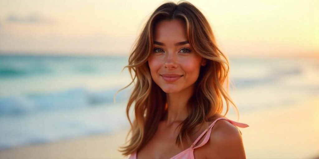 Woman with collarbone-length beach waves hairstyle in a pastel pink dress on a sunset beach, romantic and trendy look