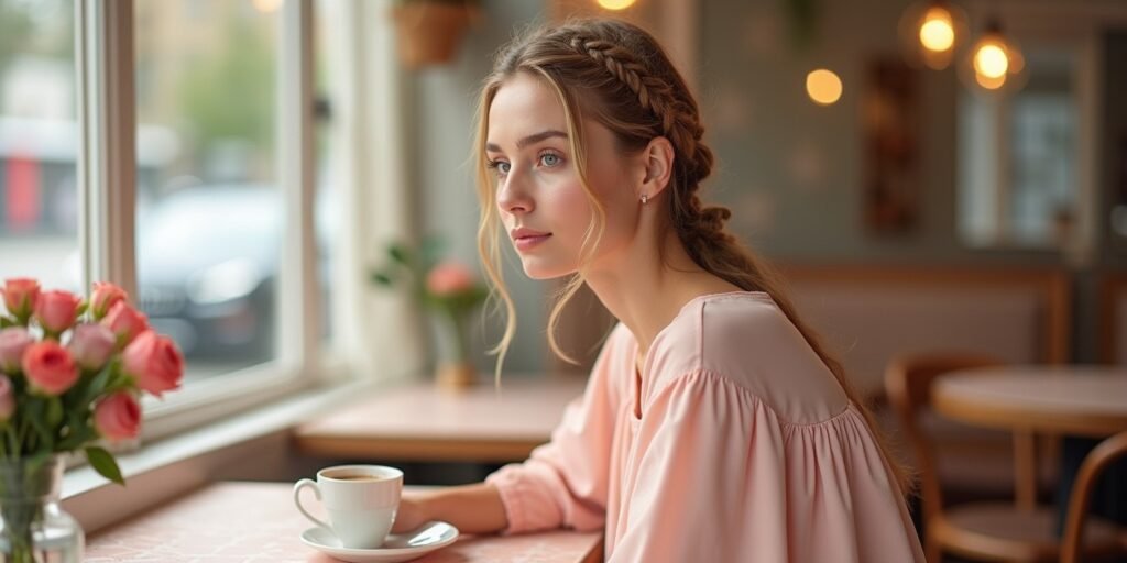 Realistic image of a woman with loose Dutch braids and a messy bun, wearing a soft pink dress, exuding a relaxed, romantic vibe.