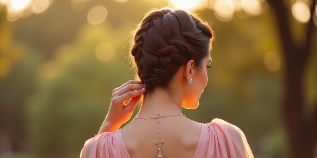 Realistic image of four Dutch braids in a chic updo, with a woman in a soft pink dress in a romantic outdoor setting.