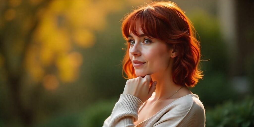 "Realistic image of a woman with dark auburn shag haircut, layered for volume and movement. She is wearing a light beige sweater, set against a romantic garden background."