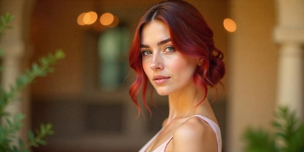 Realistic photo of a woman with burgundy brown hair, blending rose and strawberry hues, perfect for pale complexions with cool-toned skin, wearing a neutral-toned dress in a romantic setting.